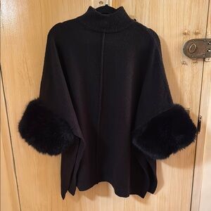 Chic Black Poncho Sweater with Faux Fur Cuffs
